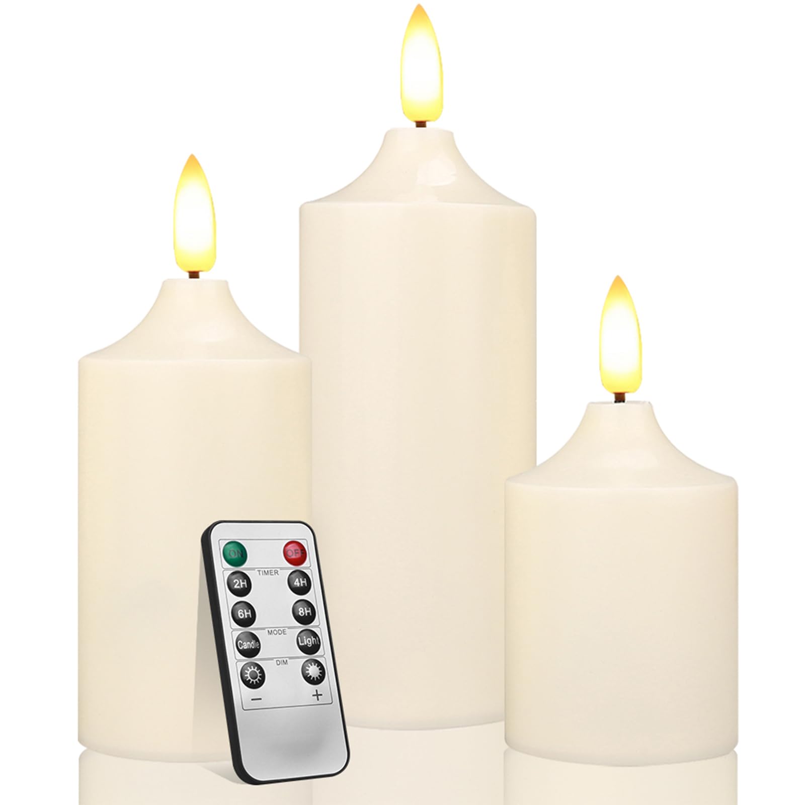 Teynewer Flameless LED Candles Tea Light Set of 3, 3D Wick Realistic and Bright Flickering Battery Operated LED Pillar Candles with 10 Key Remote Control for Christmas Wedding Festival Celebration