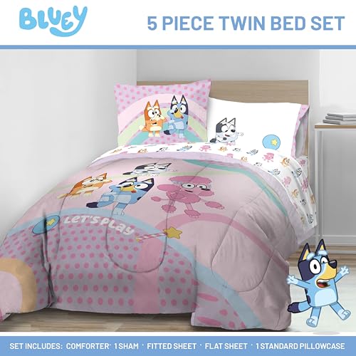 Image of Jay Franco Bluey & Bingo Kids Comforter Set - 5 Piece Twin Bed in a Bag, Soft Microfiber Bedding with Sheets and Sham, Machine Washable, Officially Licensed, Pink