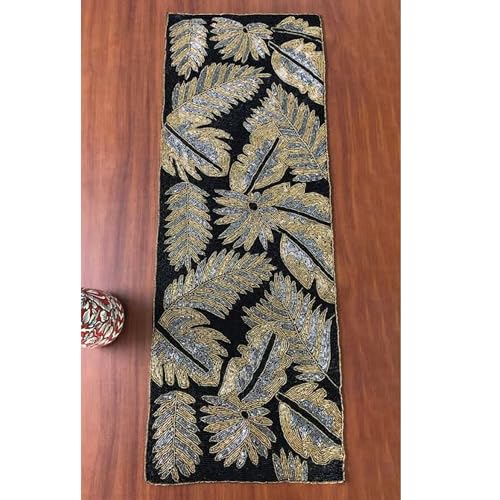 Image of MFU - Made For You Black & Golden Beaded Table Runner 13x36 Inch | Handmade Decorative Rectangular Table Runner for Dining Table, Center Table, Coffee Table, Home, Party & Event Decor