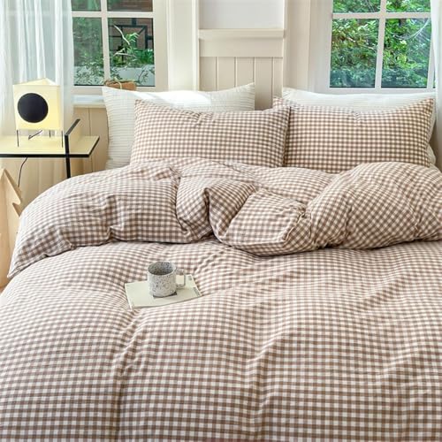 Image of Nayoroom Brown Gingham Duvet Cover Twin Size Tan White Plaid Checkered Duvet Cover Grid Dorm Bedding Set 2 Pieces Soft Lightweight Washed Microfiber Farmhouse Bedding with Pillowcases