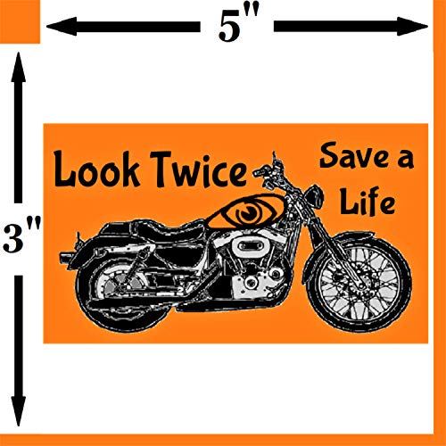 Look Twice Bumper Sticker ~ Save A Life Stickers - Premium Large Motorcycle Decal ~ New Safety Orange Save A Life Sticker ~ Lg Heavy Duty Biker Caution Decals For Cars Windows Computers 5" X 3" Inch #TOP2