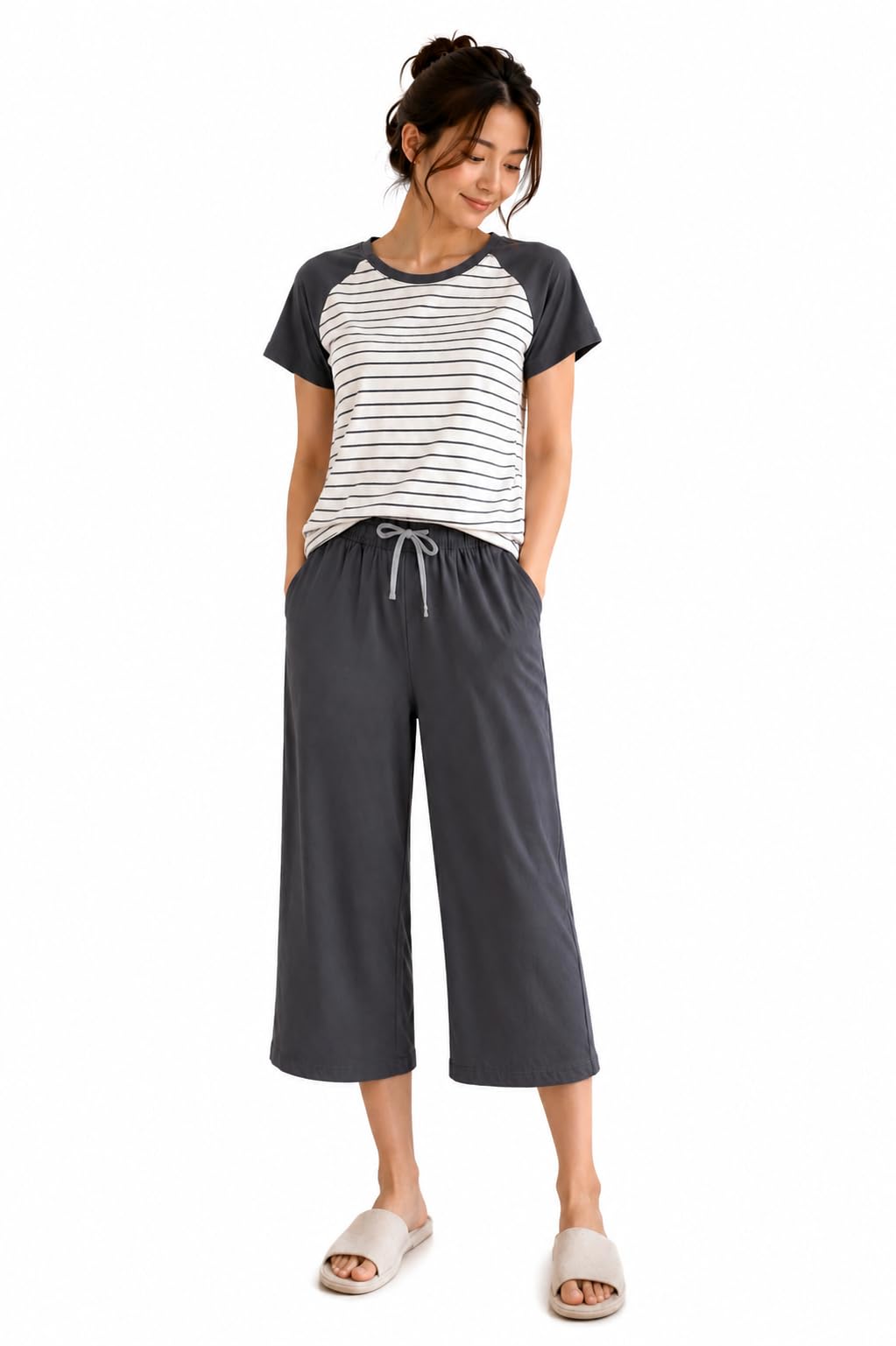 Women's Cotton Top Round Neck Button placket Short Sleeves and Capri Pants with pockets-image-46