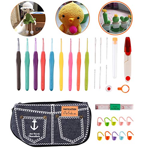 Agujas Crochet,Luollove Accesorios Ganchillo,Ergonómico Suave Ganchillo in Sizes 2.0mm-6.0mm Ganchillos Crochet(29 Pcs/Set)