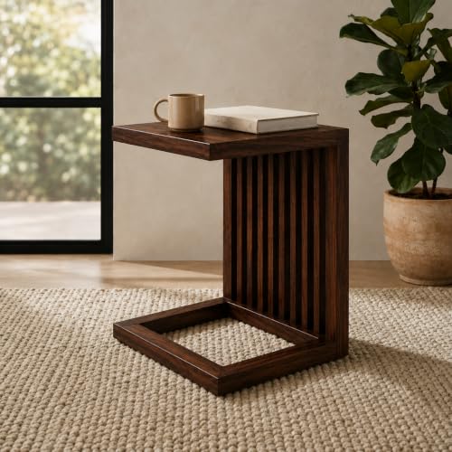 Image of Solid Sheesham Wood C Shape Side Table for Living Room | Modern Sofa End Table | Wooden Laptop Table for Bed | Coffee & Snack Table | Bedside End Table | Walnut Brown Finish