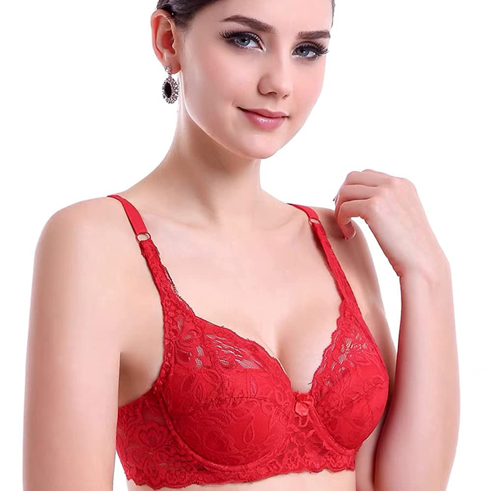 GANGCHENG Women's Sexy Floral Lace Plunge Bra Underwire Unlined Lingerie Bralette 36C Red