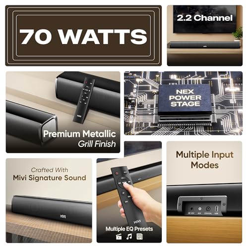 Image of Mivi Nex 70 [New Launch] Wireless Bluetooth Soundbar, 70W Soundbar, 2,2 Channel Nex PowerStage Technology, Bluetooth v5.1, Signature Sound, Deep Bass, AUX USB Coaxial Inputs