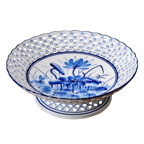 Aimusego Frutero con patas de cerámica pintado a mano, patrón floral azul y blanco, cuenco decorativo de pedestal para decoración de mesa, cesta de frutas de 10 pulgadas para encimera de cocina,
