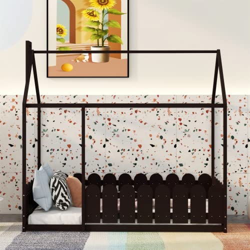 Harper & Bright Designs Twin Bed for Kids ,House Twin Bed with Fence-Shaped Guardrails , Floor Twin Size Bed for Kids, Teens, Girls, Boys ,Espresso