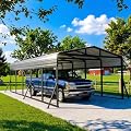 12x25 FT Metal Carport with 6 Reinforced Support Rods, Heavy Duty Frame & Galvanized Steel Roof Carports for All-Weather Protection, Outdoor Carport Garage for Car, Boat, Tractor, and Party Use