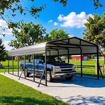 12x25 FT Metal Carport with 6 Reinforced Support Rods, Heavy Duty Frame & Galvanized Steel Roof Carports for All-Weather Protection, Outdoor Carport Garage for Car, Boat, Tractor, and Party Use
