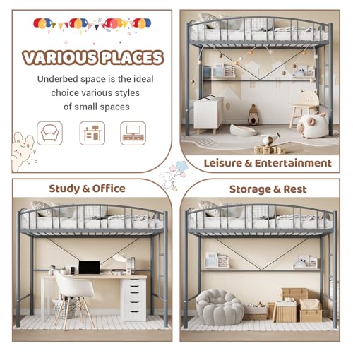 Loft Bed Twin Size with Stairs and Arched Guardrail, Sturdy Metal Slats Support, Space Saving, Noise Free, No Box Spring Needed, Ideal for Kid Room and Dorm, Matte Gray