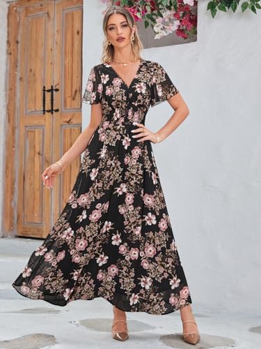 Image of Simplee Women's Boho Floral Maxi Dress Flowy Casual V Neck Short Sleeve Wedding Guest Holiday Beach Long Dress