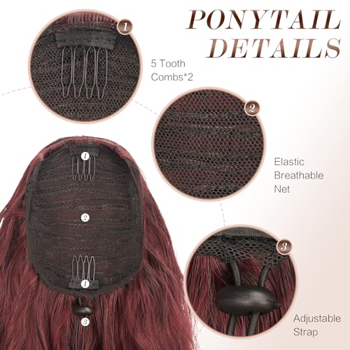 FESHFEN Long Curly Wavy Drawstring Ponytail Extensions Clip in Wavy Synthetic Hairpieces Black and Burgundy Tips Drawstring Ponytail Curly Hair Piece Pony Tail Extension for Women 26 inch - Image 3