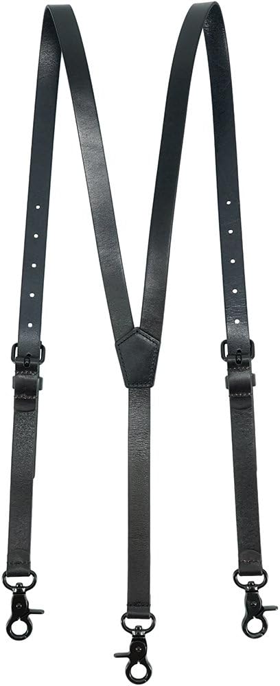 Men's Black Genuine Leather Steampunk Y Suspenders with 3 Snap Hooks Great for Wedding & Part