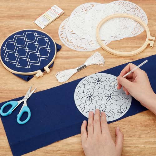 Image of FREEBLOSS 3 Set Sashiko Kit Sashiko Embroidery Kit Beginner Embroidery Kit Includes Embroidery Thread, Needles, Fabric and Hoop Embroidery Kits to Learn for Adults Wall Hanging Decor for Home