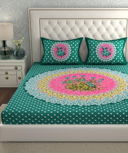 Image of KOUNDAL Rajasthani Jaipuri Sanganeri Print 144 TC 100% Pure Cotton BedSheet Set for Double Bed King Size, Flower Pattern, Double Bedsheet Cotton with 2 Pillow Covers