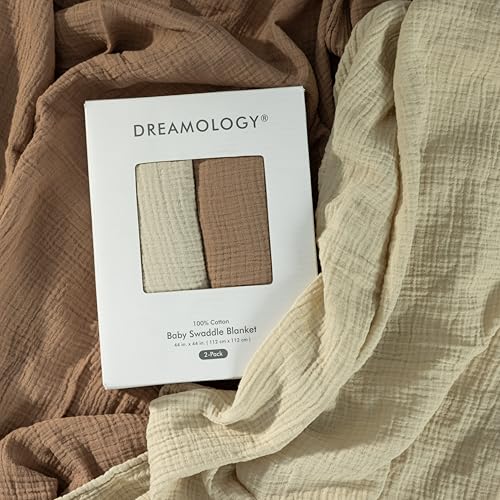 Image of Dreamology Brown Swaddle Blanket,100% Cotton Muslin Swaddle Blankets,2 Pack,Receiving Blanket for Baby Boy & Girl,Soft,Breathable Swaddle Blanket,Large 44 x 44 inch Cotton Blanket | Brown,Acru