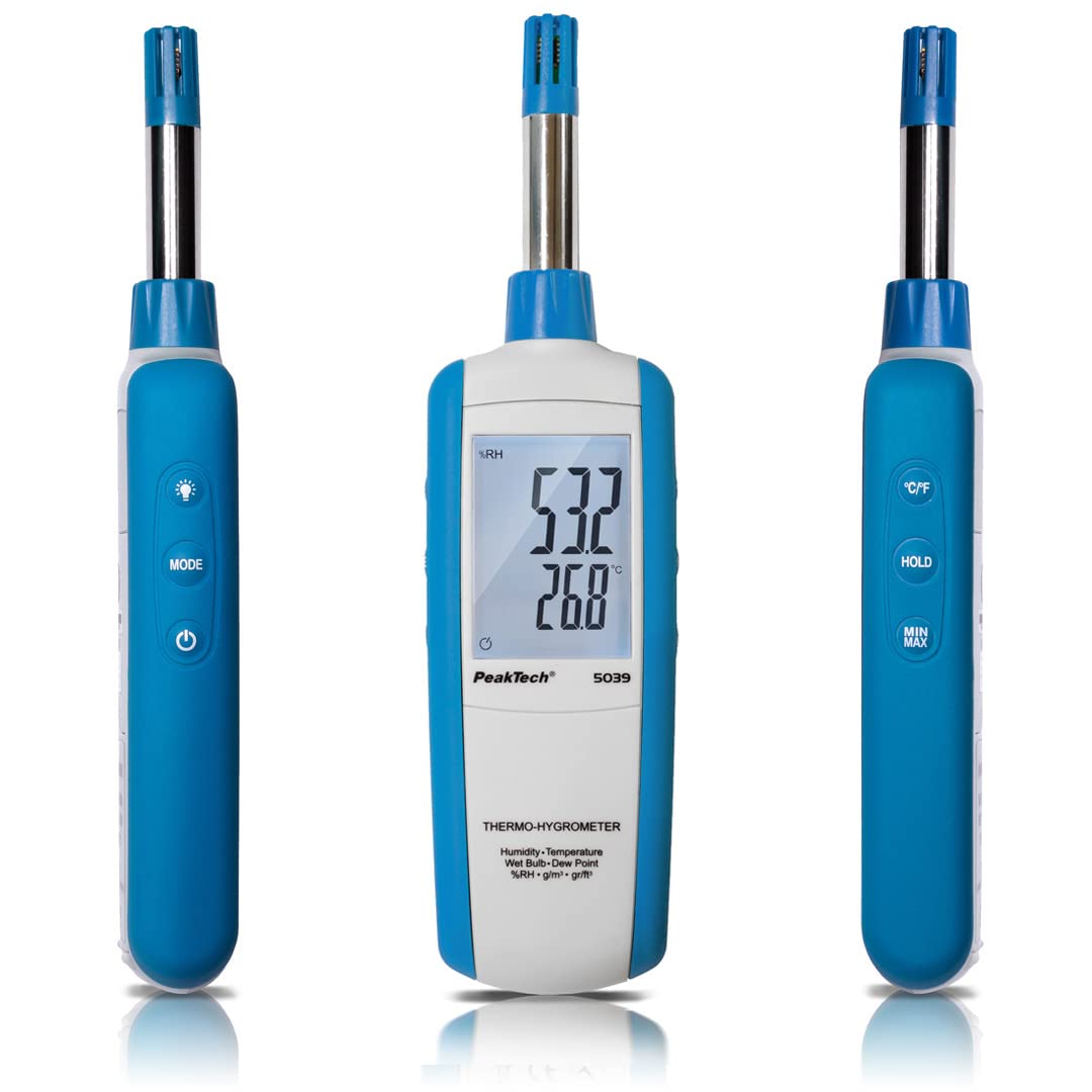 PeakTech, 5039, Medidor profesional de temperatura y humedad ambiente, termohigrómetro, termómetro digital con pantalla LCD como termómetro de ambiente, medidor de temperatura para clima interior