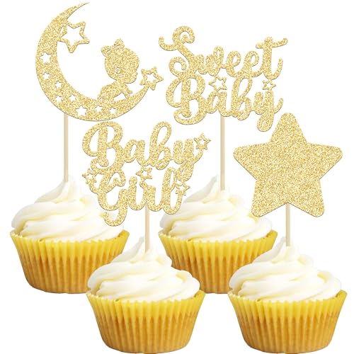Gyufise 24Pcs Gold Glitter Baby Girl Cupcake Toppers Star Moon Sw...