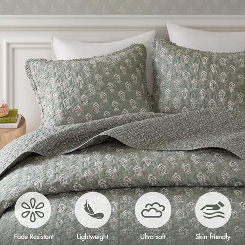 Image of Madison Park Vintage Floral Quilt Set, 3PC King /Cal King Reversible Bed Set | Lightweight Bedspread Set with 2 Shams, Traditional Block Print Coverlets with Ruffled Edge, Sage Green