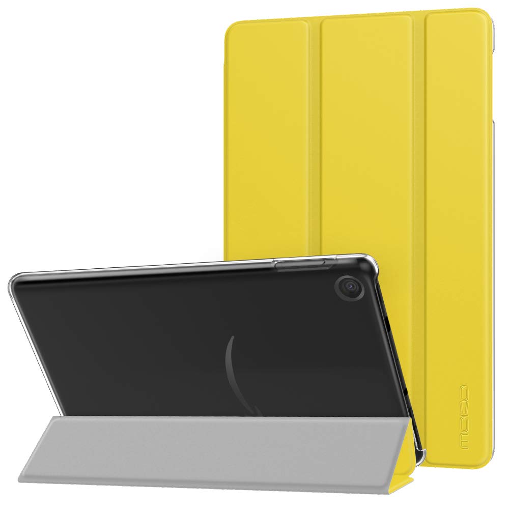 MoKo Case Fits All-New Amazon Kindle Fire 7 Tablet (9th Generation, 2019 Release), PU Leather Trifold Stand Cover Frosted Clear Backshell with Auto Wake/Sleep - Lemon Yellow