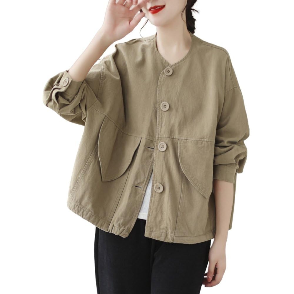 Leichte Damenjacke Aus Baumwolle Mit Rundhalsausschnitt,Strickjacke Mit Retro Kahki Knöpfen,Übergangsjacke,Mantel,Frühling Und Herbst,Lässige,Lockere Utility Jacke Mit Tasche