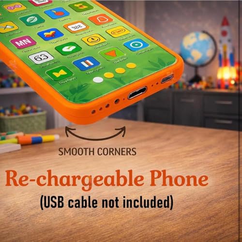 Image of Educational Phone Type-C Rechargeable Musical Toy 28 Functions, Alphabet, Numbers, Varnmala, Animal Sounds, Nursery Rhymes in English & Hindi for Age 2 &10 Years (Dinosaur Model)