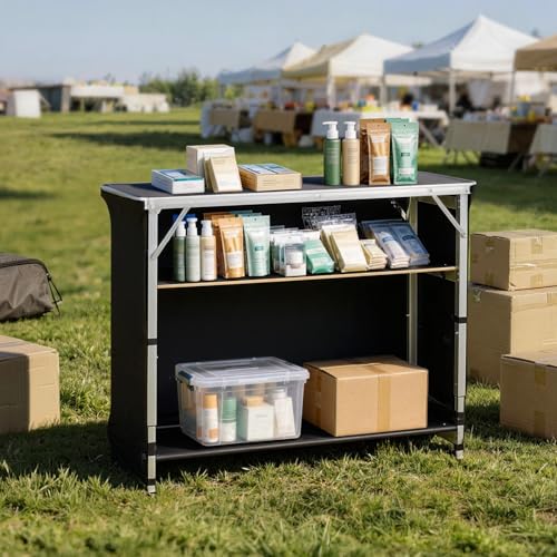 Image of VEVOR Folding Portable Bar Table, 43.5 x 15.4 x 39.8 in, with Carry Bag, 2 Storage Shelves, and Detachable Skirt, Quick and Easy Setup, Foldable Mobile Bartending Station for Events, Party, Tradeshow