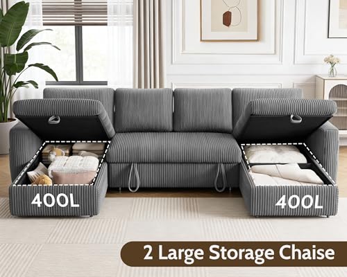 Image of WEUP 106 inch U Shaped Sectional Sleeper Sofa Bed with Pull Out Bed, Sectional Sleeper Couch Pull Out Couch with Reclining Backrest /Reversible Storage Chaise /USB Ports /Tool-Free Assembly, Corduroy Grey