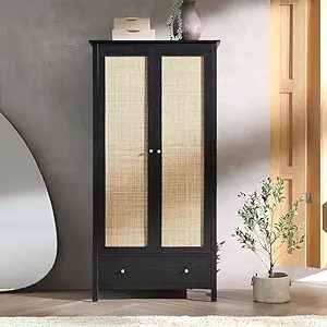 Naresh Art and Handicraft Solid wooden Rattan Wardrobe | Almirah with 2 Doors & 1 Drawer for Bedroom, Hotel & Home, Black, (90D x 55W x 184H CM)