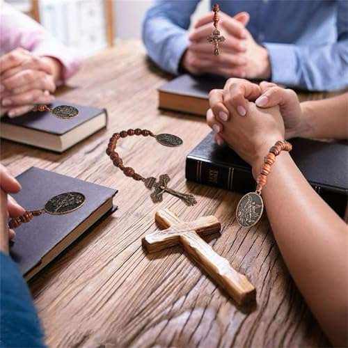 Image of Bovemee Saint Benedict Medal Prayer Pocket Rosary Catholic Brown Wood Beads with Medalla de san benitol and Crucifix, 9 Inch