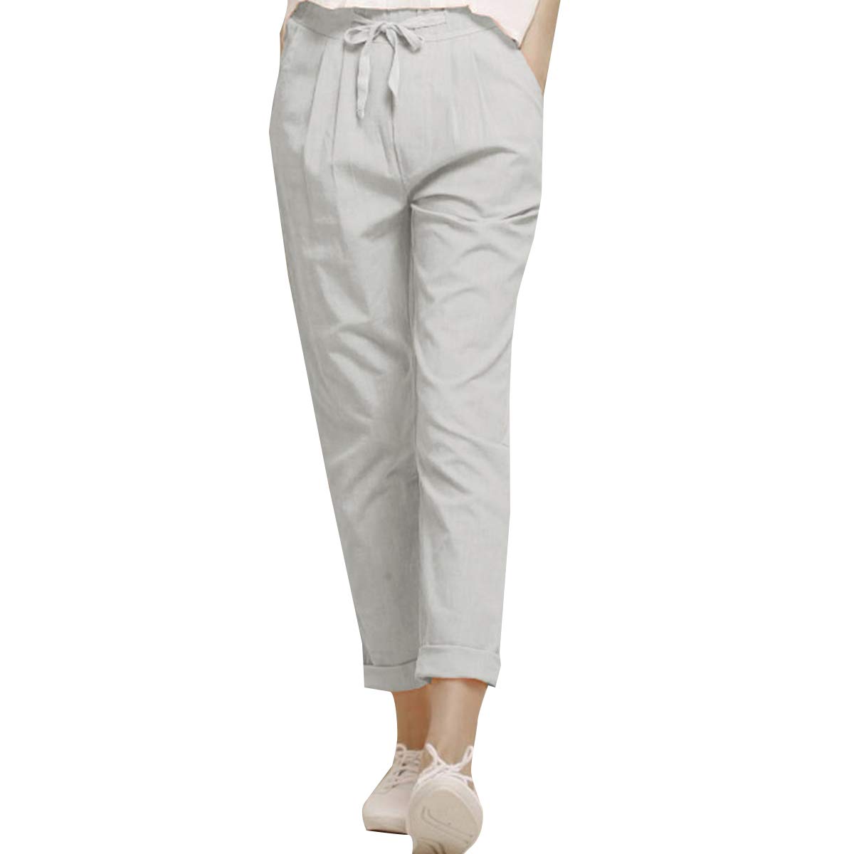 Outer Wear Women Cotton Elasticated Back Belt with Drawstring Comfort Pant-White-32-picture-48