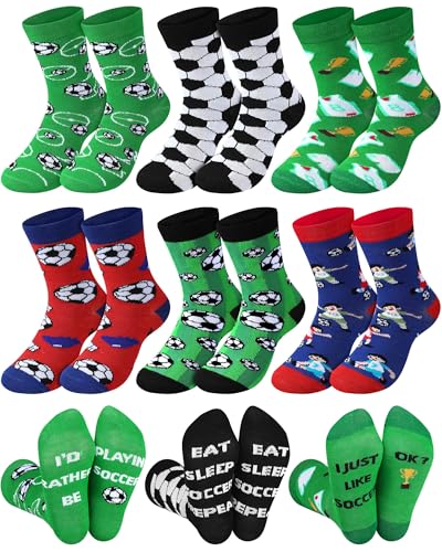 Haysandy 6 Pairs Novelty Sports Socks for Boys Kids Athletic Crew Sock for 8-12 Kids Gift(Soccer)