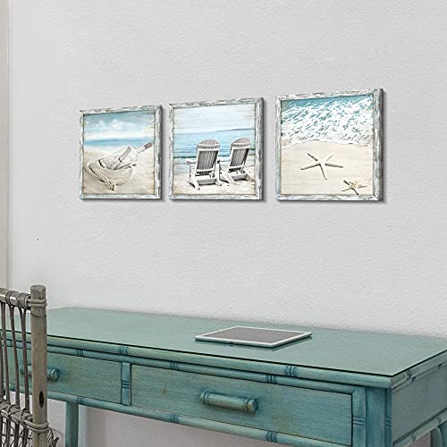 Seascape Pictures Framed Wall Artwork: Ocean Wall Art Set of 3 Beach Chairs & Drift Bottle Wall Art Coastal Prints on Wood for Bedroom - Image 4