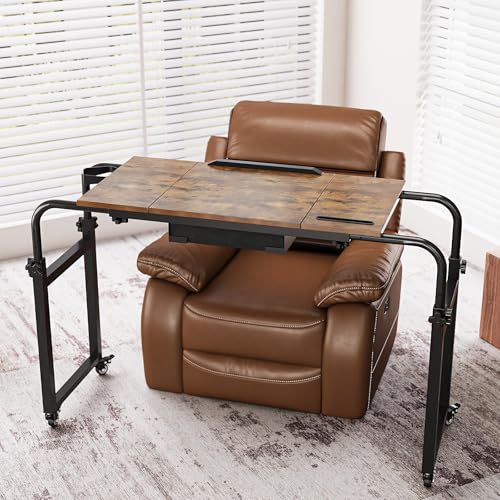 GiftGo Overbed Table with Wheels Rolling Laptop Desk Cart Table Height and Length Adjustable for Hospital and Home Use Over The Bed Table with Storage Drawer and Cup Holder (Rustic Brown, 31.5 to 47)