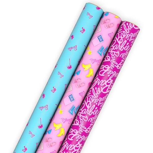 Hallmark Pink and Blue Barbie Wrapping Paper Rolls (3 Rolls: 60 Sq. Ft. Total) for Birthdays Kids Teens Galentines Day Mothers Day Bridal Showers