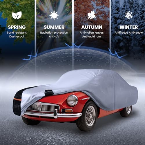 Image of Multi-Layer Car Cover Custom Fit for MG MGB(1962-1981), 100% Waterproof All Weather for Automobiles, Gift with Towel, Heavy Duty Car Covers for Rain Sun UV Protection with Door Zipper