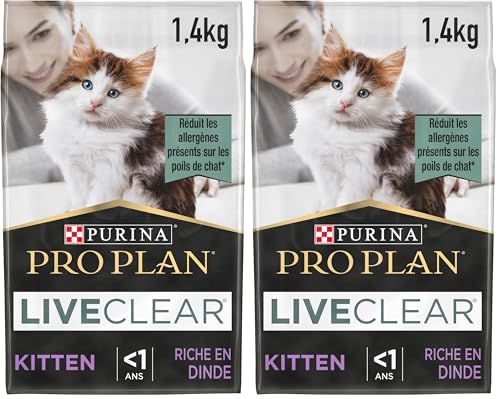 PURINA PRO PLAN | Liveclear | Chaton | Stérilisé | Croquettes Riches en Dinde | Réduit activement Les allergènes présents dans Les Poils de Chat | Sac | 1,4Kg (Lot de 2)