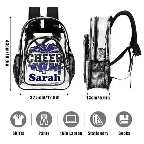 Custom Name Cheerleader Glitter Print Clear Backpack, Personalized PVC See Through Transparent Bookbag for Boys Girls, Waterproof Cheer Navy Daypack for Concert, Travel3