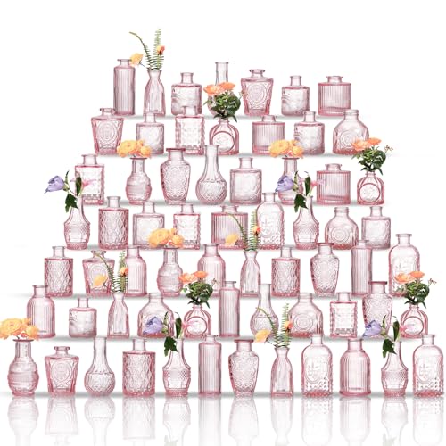 Glass Bud Vases Set of 64 - Pink Assorted Small Mini Glass Vases for Flowers, Crystal Vintage Vase Set, Bulk Centerpieces for Table Décor, Wedding, Home and Events (Pink, 64 Pcs)