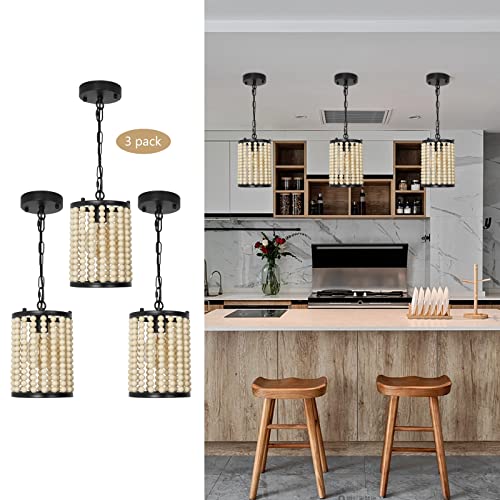 Kighsin Boho Farmhouse 6.3'' Wood Beaded Pendant Lights For Kitchen Island, Coastal Black And Oak White Hanging Ceiling Chandelier For Dining Room Living Room Bedroom Foyer (3 Pack) #TOP7