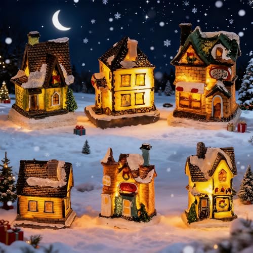 Tulov 6 Stück Weihnachtsdorf Mit Beleuchtung,Weihnachtshäuser...