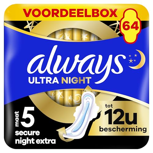 Always Ultra Compresas para mujer Secure Night Extra (tamaño 5) con alas (64 compresas con alas), paquete grande, noche, fina y superabsorbente, neutraliza los olores y evita fugas.