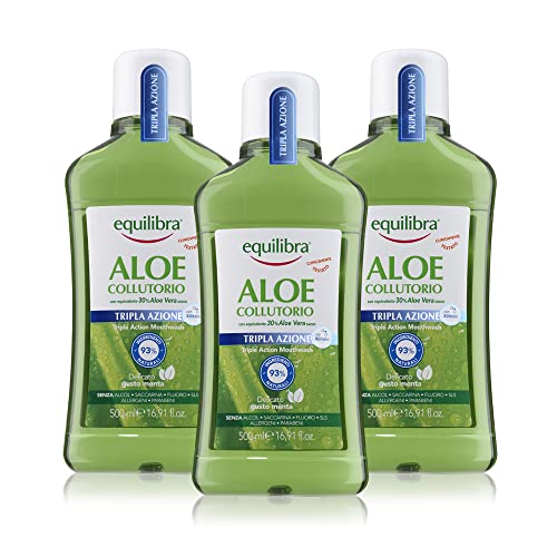 Equilibra Cuidado Bucal, Colutorio Triple Acción a Base de Aloe Vera, Colutorio Calmante Contra las Bacterias, Contrarresta las Caries, el Sarro y las Enfermedades de las Encías, 3 Piezas de 500 ml
