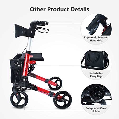 Health Line Massage Products Compact Rollator for Seniors, Aluminum Side-Fold Rolling Walker with Paded Seat, Cherry Red - Thumbnail 5