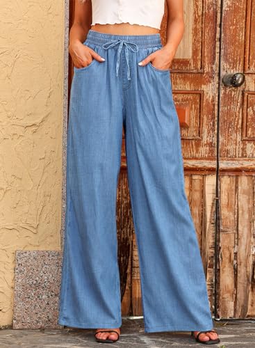 Sidefeel Women's Wide Leg Jeans High Waisted 2025 Summer Drawstring Denim Pants Light Blue Size 6 Tall2