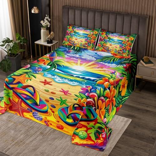 Manfei Summer Beach Bedspread Twin Size, Tropical Flower Palm Leaf Coverlet Set 2pcs, Ocean Beach Theme Quilted Coverlet with 1 Pillowcase, Kids Boys Girls Room Decor, Soft Bedding Quilt