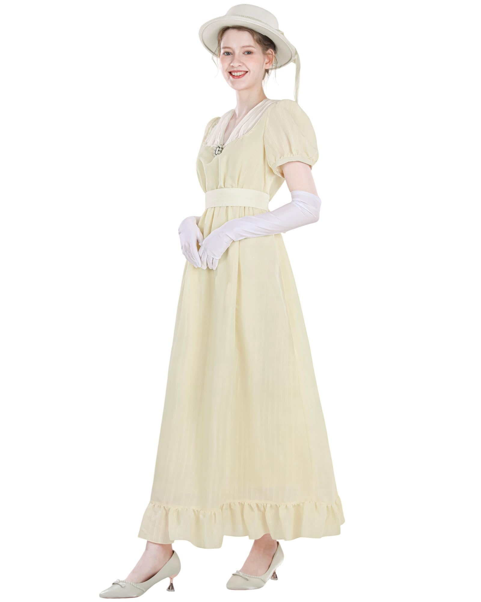 NSPSTT Regency Dress Regency - Abito da donna con maniche a sbuffo, vita imperiale, vittoriano, abito rinascimentale Abendkleid con guanti