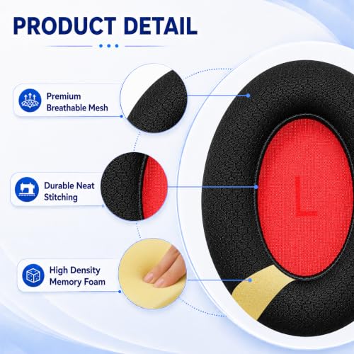 Repuesto de Almohadillas para Auriculares 1MORE SonoFlow/SonoFlow SE/SonoFlow Pro, Almohadillas de Cuero con Espuma de Memoria, Extra Gruesas, 1 Par, Negro con Tela de Malla miniatura 4