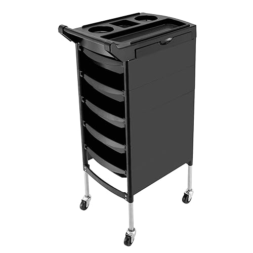 Miniatura 4 de Carrito profesional de salón, carrito de salón negro con asa y ruedas, 5 cajones y 2 soportes para secador de pelo, carrito de salón rodante, para